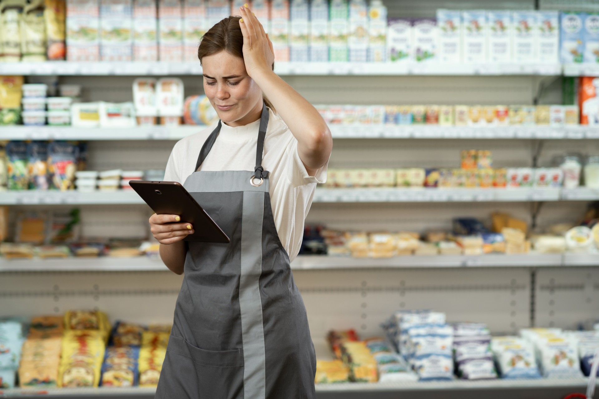 Attractive stressed woman wearing uniform with apron working in supermarket holding digital tablet looking at screen, take head, Grocery shelves on background.